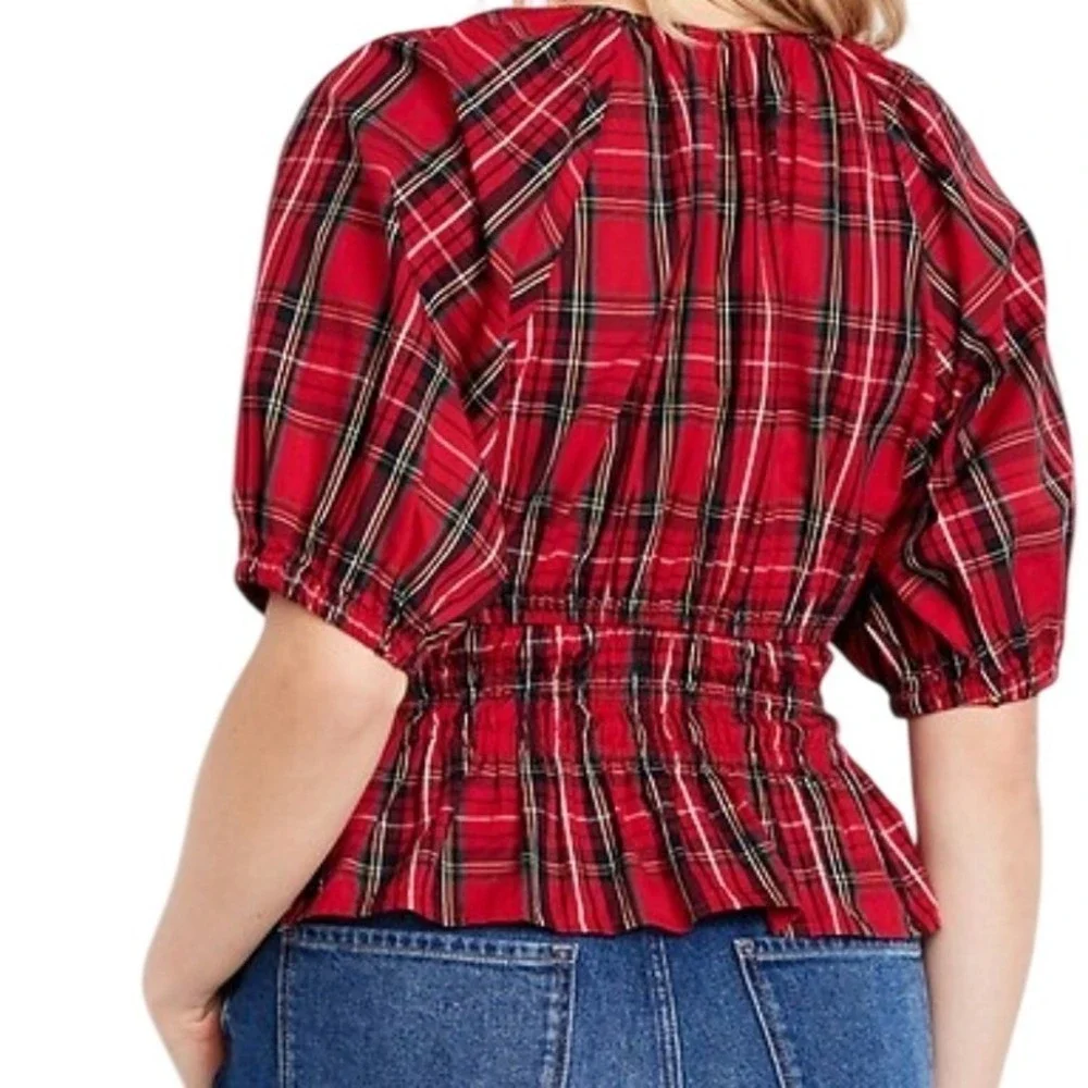 Old Navy Top Red Plaid Tartan Smocked Puff Sleeve Peplum  Preppy Academia Size M